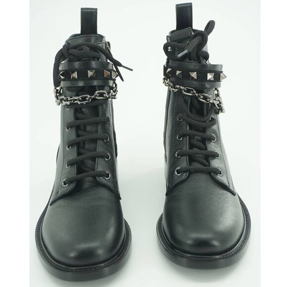 Valentino Rockstud Chain Combat Ankle Boots Size 37 black Leather $1290 - Picture 6 of 12